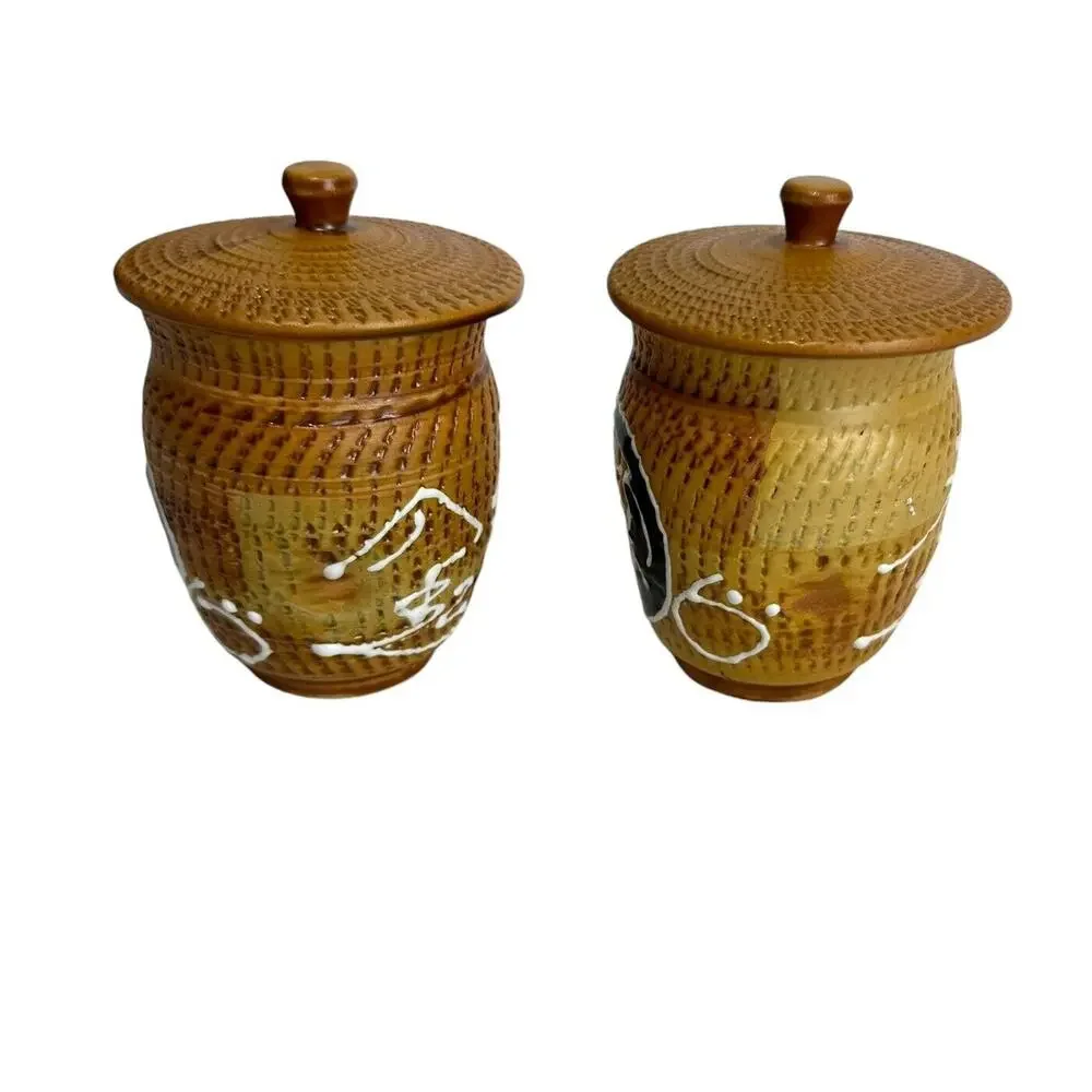 vintage Textured ceramic stoneware pottery Covered Jar set